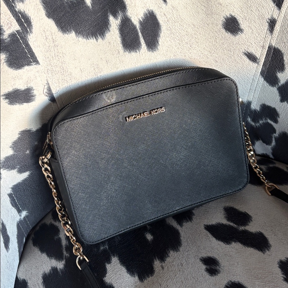 Michael Kors Black Saffiano Crossbody with Gold Chain